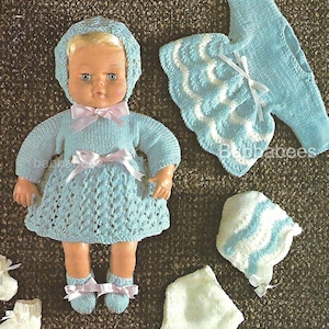 PDF knitting pattern, dolls clothes, outfit, dress, bonnet, bootees, double knitting, instant download, digital download