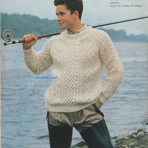 PDF knitting pattern, men's, ladies aran, cable, knit, sweater, jumper, sizes 36-46 in,  digital download, instant download