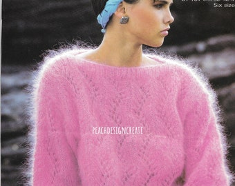 knitting pattern, ladies lacy mohair brushed chunky sweater jumper, sizes 32-42 in, pdf, digital download
