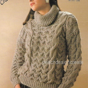 knitting pattern, women&#39;s, ladies, chunky, cable knit, polo neck jumper, sweater, sizes 30 to 42 in, pdf, digital download, instant download