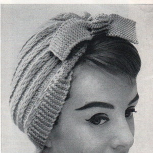 1950's vintage knitting pattern, ladies women's hat, cap, bow, beanie style, retro hat, double knitting, knitted hat,