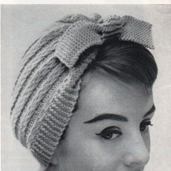 1950's vintage knitting pattern, ladies women's hat, cap, bow, beanie style, retro hat, double knitting, knitted hat, instant download, PDF