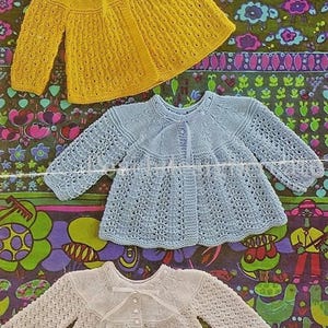 Baby Girl Matinee Cardigan Lacy Fan & Feather Knitting Pattern Sizes 19-20 inch (PDF Download)