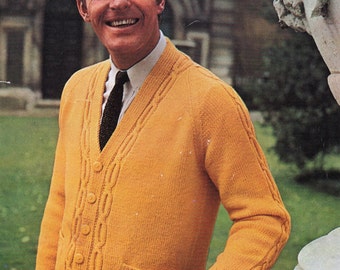 PDF knitting pattern, men's mans cable knit cardigan, retro fashion, double knitting, D K, instant download