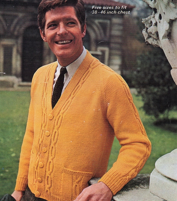 PDF knitting pattern men s mans cable knit cardigan retro fashion double knitting D K instant download