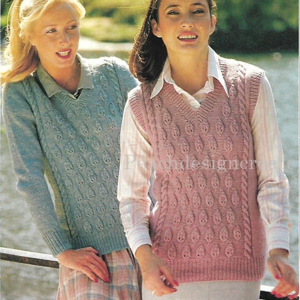 knitting pattern, women's, ladies leaf design, pullover, sweater, sizes 32 to 40 inch, 70's fashion, double knitting, pdf