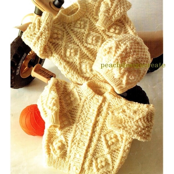 knitting pattern, pdf, baby boy girl, toddler, Aran, jacket/cardigan, sweater, hat, pram set, sizes 16-22 inch,  digital download