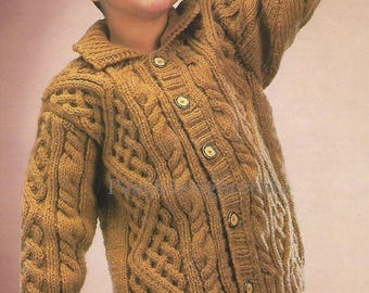 knitting pattern, children's, boy's, aran cable knit jacket, sizes 22 to 24 in, pdf, instant download, digital download