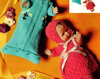 Doll Sleeping Bag Knitting Pattern: Dress, Bonnet & Booties (Digital Download)