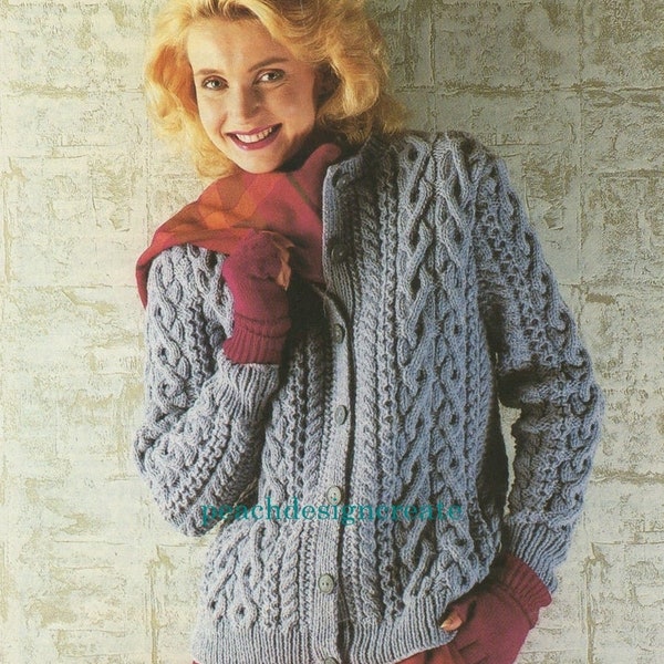 PDF knitting pattern, women's ladies cable knit cardigan, jacket, aran, sizes 32-42 in, digital download, instant download