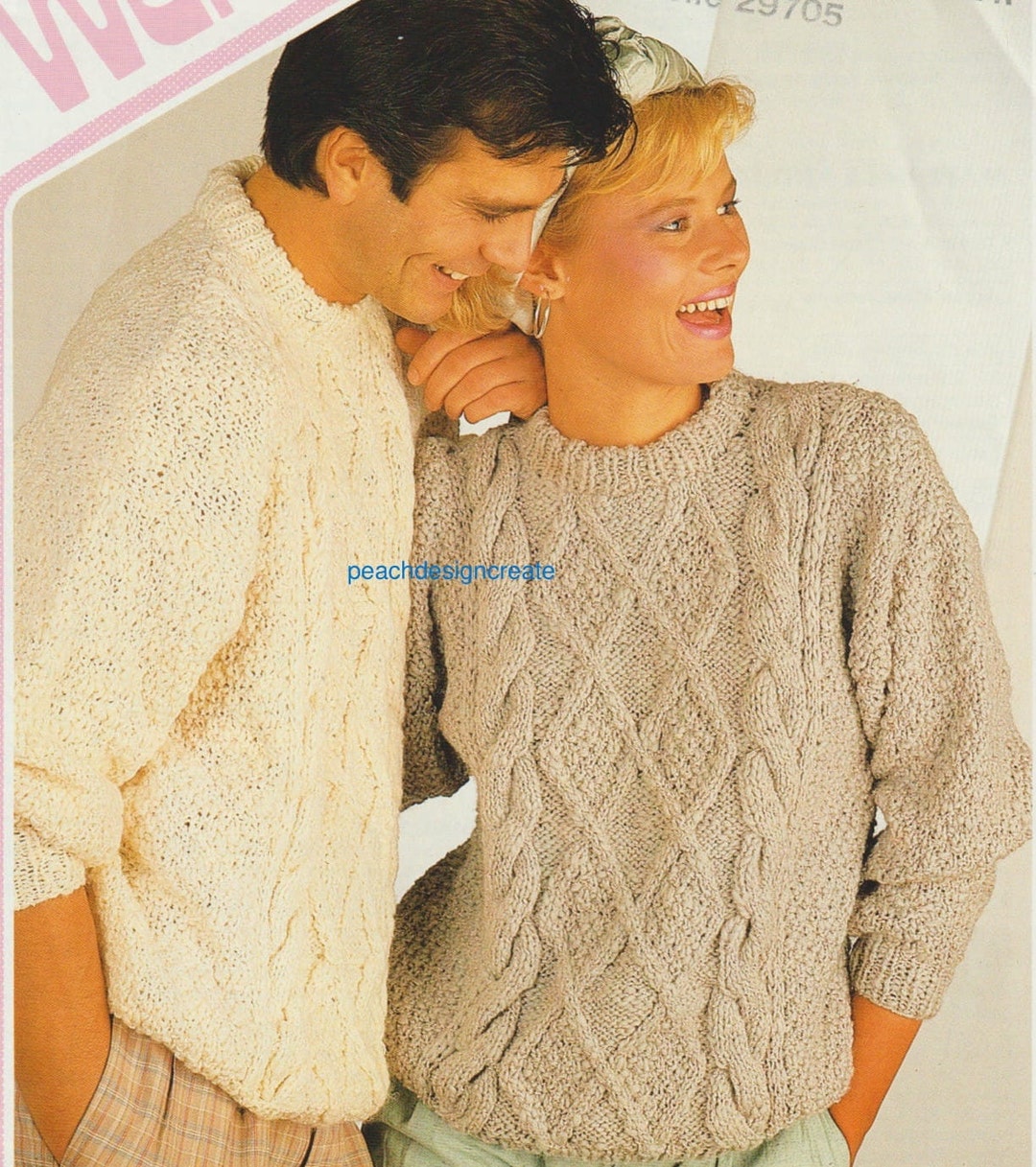 PDF Knitting Pattern Ladies Mens Chunky Aran Cable Sweater Etsy UK