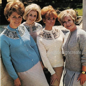 May include: Four women wearing different colored knitted cardigans with a patterned design. The cardigans are all button-up and have long sleeves.