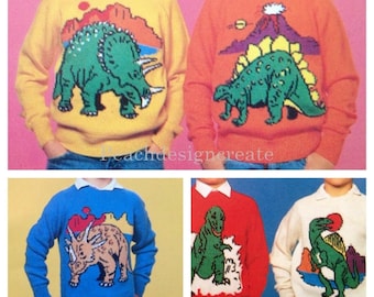 knitting pattern, children's, adults, dinosaur motif jumper, sweater, T Rex, pdf, digital download, instant download