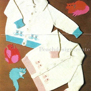 knitting pattern, pdf, kitten cat motif cardigan, boy&#39;s, girl&#39;s, baby, ages 3 months to 3 years, instant download, digital download