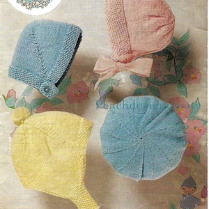 May include: Four knitted baby hats in different colors: light blue, pink, yellow, and a darker blue. The hats are all different styles, with some having pom-poms and others having ties.
