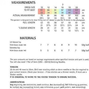 May include: Knitting pattern chart with measurements for a 3/4 sleeved top and sleeveless top. The chart includes bust measurements in inches and centimeters, full length in inches and centimeters, and sleeve length in inches and centimeters. The materials list includes yarn requirements in balls for each size.