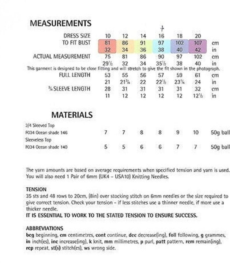 May include: Knitting pattern chart with measurements for a 3/4 sleeved top and sleeveless top. The chart includes bust measurements in inches and centimeters, full length in inches and centimeters, and sleeve length in inches and centimeters. The materials list includes yarn requirements in balls for each size.