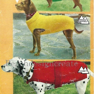 Puede incluir: Un patrón de tejido vintage para tres abrigos de perro. El patrón incluye instrucciones para un abrigo verde, amarillo y rojo. El patrón se titula "Bestway Knitwear 3707 6d" y presenta ilustraciones de perros con los abrigos.