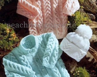 knitting pattern, baby, toddler, boys, girls, cable aran design cardigan sweater hat sizes 16-24 in, pdf, digital download, instant download