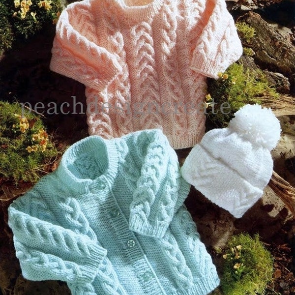 knitting pattern, baby, toddler, boys, girls, cable aran design cardigan sweater hat sizes 16-24 in, pdf, digital download, instant download