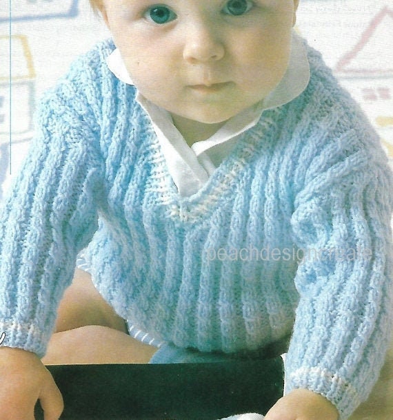 knitting pattern baby boys girls v neck sweater jumper ages 0 to 2 years double knitting pdf digital download