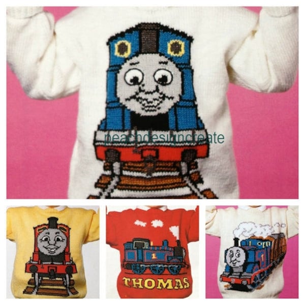 knitting pattern, childrens, adults, Thomas the Tank Engine, sweater, jumper, sizes 22-40 in, pdf, digital download, instant download