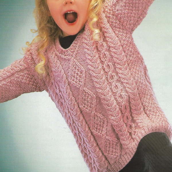 knitting pattern, girl's aran cable knit sweater, jumper, ages 2 to 9 years, pdf, instant download