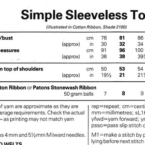 May include: A chart with instructions for knitting a sleeveless top. The chart includes measurements in inches and centimetres for different sizes, as well as the amount of yarn needed for each size. The yarn is Patons Cotton Ribbon or Patons Stonewash Ribbon.