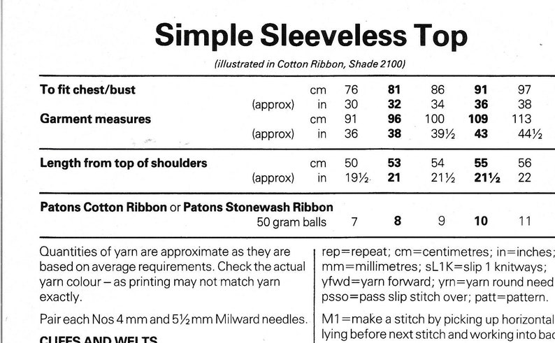 May include: A chart with instructions for knitting a sleeveless top. The chart includes measurements in inches and centimetres for different sizes, as well as the amount of yarn needed for each size. The yarn is Patons Cotton Ribbon or Patons Stonewash Ribbon.