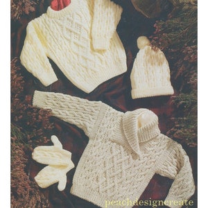 May include: A set of knitted baby clothes in a cream color, including a sweater, hat, and mittens. The sweater has a cable knit pattern and a collar. The hat has a pom-pom on top. The mittens are simple and have a cable knit pattern.