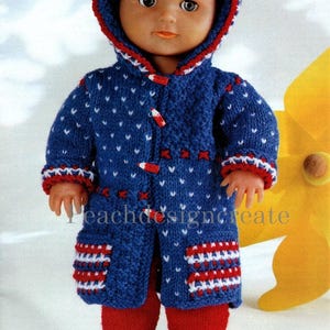 May include: A blue knitted doll coat with white and red trim, a white heart pattern, and red buttons. The coat has a hood and is worn by a doll with brown hair.