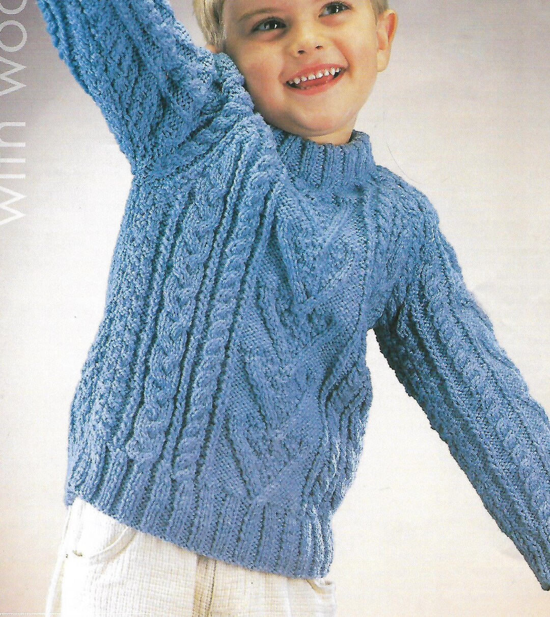 PDF Knitting Pattern, Boy Girl Childs Teens Cable Aran Knit Jumper