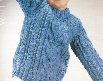 PDF knitting pattern, boy girl childs teens cable aran knit jumper, sweater, ages 2 to 9 years, instant download