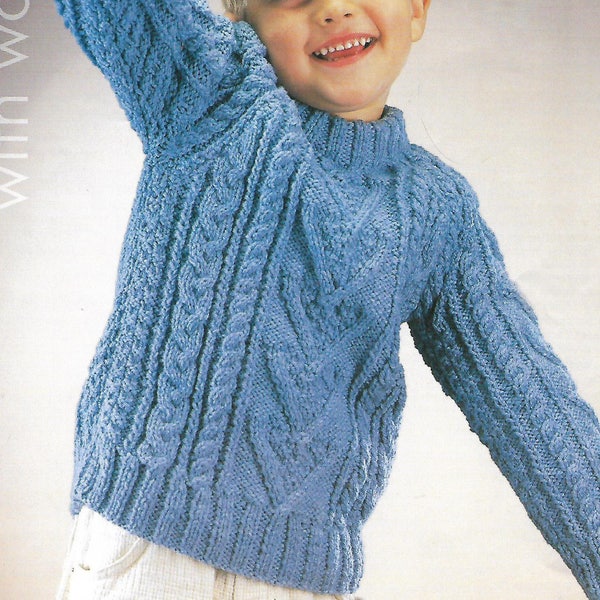 Modèle de tricot PDF, pull en tricot câblé aran pour enfants et adolescents, pull, 2 à 9 ans, téléchargement immédiat