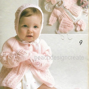 Baby Girl's 4-Ply Knitting Pattern: Jacket, Bonnet, Booties, Mittens (PDF)