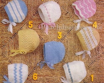 knitting pattern, 8 baby bonnets, ages 1 to 6 months, pdf, digital download, instant download