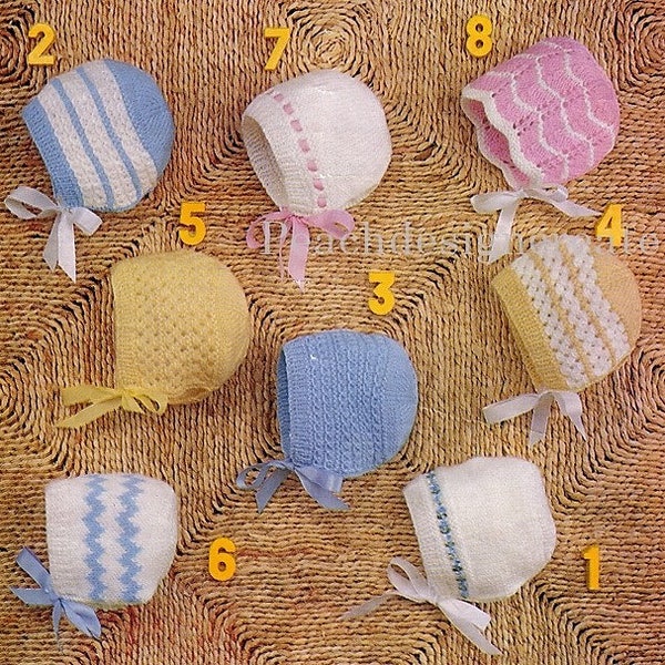 knitting pattern, 8 baby bonnets, ages 1 to 6 months, pdf, digital download, instant download