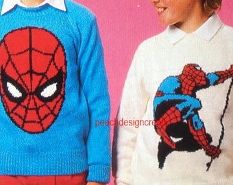 knitting pattern, boys, girls, childrens, Spiderman, sweater, jumper, sizes 24-32 in, pdf, digital download, instant download