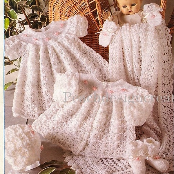 pdf, modèle de tricot, ensemble de layette bébé, châle, robe, manteau de matinée, bonnet, chaussons, téléchargement numérique