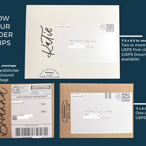 May include: Image showing examples of how orders are shipped, including envelopes with names like "Katie" and "Brianna." The text includes "USPS Ground Advantage" and "USPS First class." The envelopes are 17.8 x 12.7 cm and 19 x 24.1 cm.