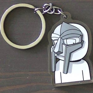May include: A keychain featuring a cartoon illustration of a character with a silver mask and a white outfit. The keychain has a silver key ring and chain. The character's mask is gray and white, with a distinctive angular design. The background is a dark wood grain.