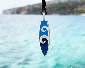 Surfer Necklace - Blue Surfboard Charm Necklace - Surfer Mens Necklace - Necklace For Women - Surfboard Choker - Beach Jewelry - Blue Wave