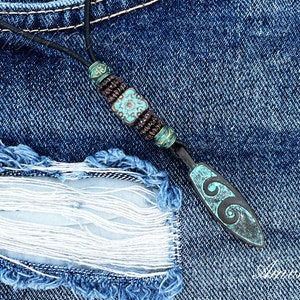 Surfboard Necklace - Patina Beaded Pendant - Mens Beaded Necklace - Surfer Charm Necklace - Minimalist Surf Choker - Beach Jewelry - Tribal