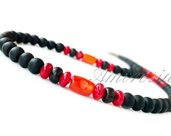 Surfer Style Necklace - Coral Necklace - Mens Beaded Necklace - Necklaces For Women - Onyx Necklace - Birthday Gift - Minimalist Jewelry