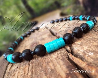 Bohemian Style Black Onyx and Turquoise Beads Necklace - Surfer Style Necklace - Necklace For Men - Unisex Necklace - Necklace For Women