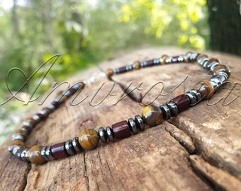 Tiger Eye Necklace - Mens Beaded Necklace - Surfer Style Necklace - Tiger Eye Jewelry - Necklace For Men - Beaded Choker - Boho - Birthstone