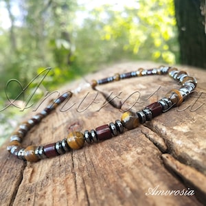 Tijgeroogketting - kralenketting heren - ketting in surferstijl - tijgeroogsieraden - ketting voor heren - choker met kralen - boho - geboortesteen