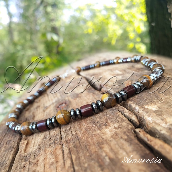 Tigerauge Halskette - Herren Perlen Halskette - Surfer Style Halskette - Tiger Auge Schmuck - Halskette für Männer - Perlen Choker - Boho - Geburtsstein