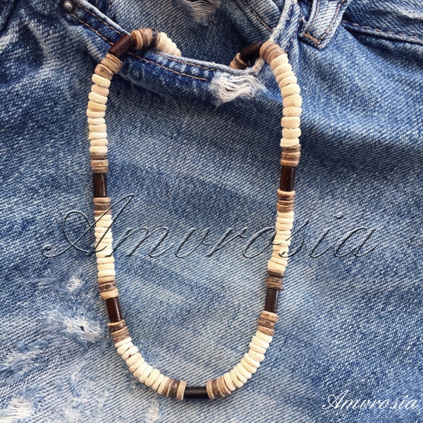 Collier style surfeur - Collier pour homme - Collier en noix de coco - Bohème - Collier en bois - Collier pour femme - Collier de perles pour homme - Coquille de noix de coco