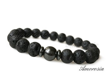 Pulseira de pedra de lava - Pulseira de rocha de lava - Pulseira difusora de óleo - Pulseira de hematita - Pulseira de contas de lava - Pulseira de chakra - Proteção